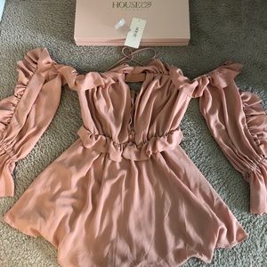 ‘Serenity’ Blush Off Shoulder Ruffled Dress